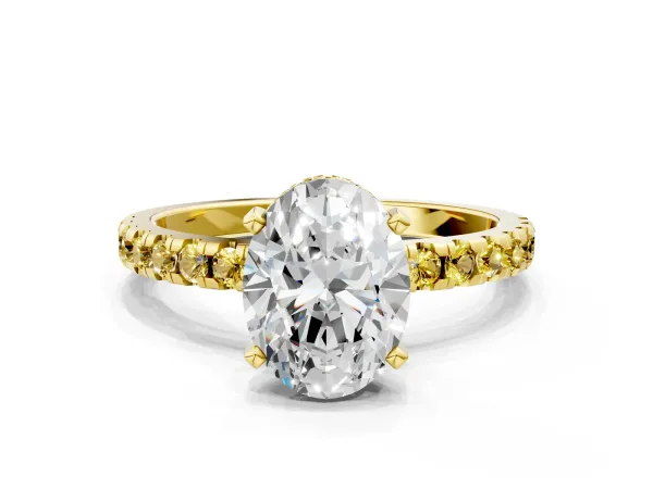 Oval Cut Diamond Solitaire Ring with Round Yellow Sapphire Pavé Band and Four-Prong Setting Yellow gold