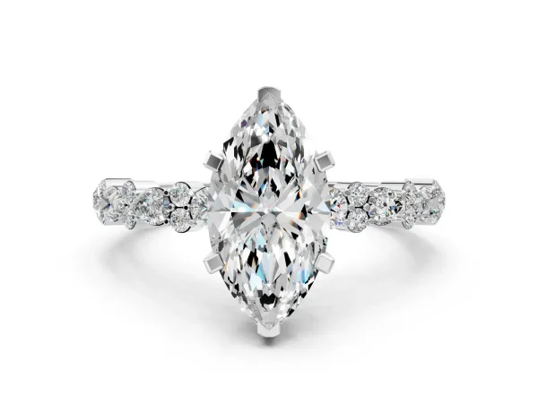 Marquise Cut Diamond Side Stone Solitaire Ring with Round Moissanite and Four-Prong Setting Platinum