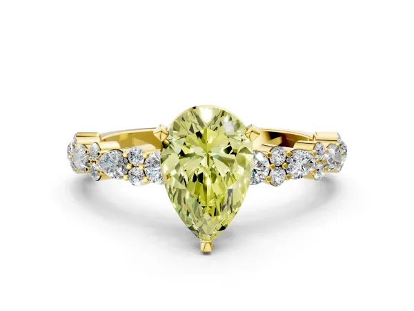 Fancy Yellow Pear Cut Diamond Side Stone Solitaire Ring with Round and Four-Prong Setting Yellow gold