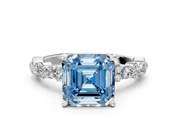 Fancy Blue Asscher Cut Diamond Side Stone Solitaire Ring with Round and Four-Prong Setting Platinum