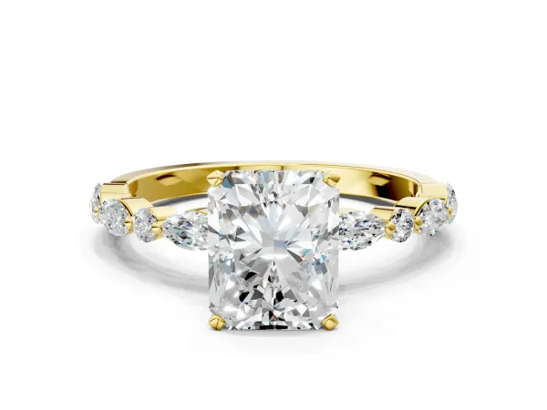 Radiant Cut Diamond Ring with Marquise and Round Moissanite Side Stones and Four-Prong Setting Yellow gold