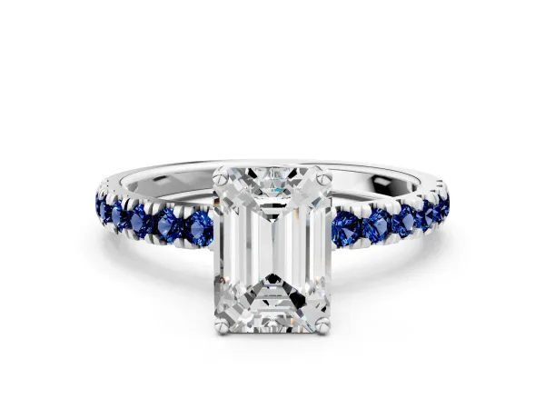 Emerald Cut Diamond Pave Band Solitaire Ring with Round Blue Sapphire and Prong Setting Platinum