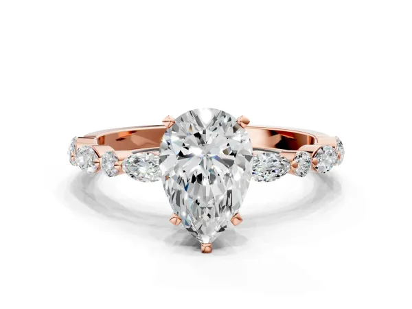 Pear Cut Diamond Ring with Marquise and Round Moissanite Side Stones and Four-Prong Setting Rose gold