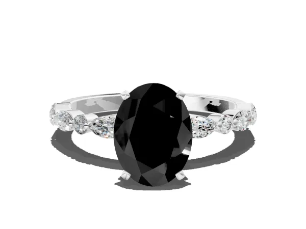 Fancy Black Oval Cut Diamond Ring with Marquise and Round Side Stones and Four-Prong Setting White gold