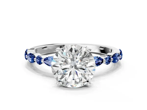 Round Cut Diamond Ring with Marquise and Round Blue Sapphire Side Stones and Four-Prong Setting White gold