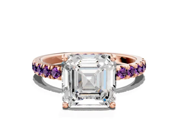 Asscher Cut Diamond Pave Band Solitaire Ring with Round Amethyst and Prong Setting Rose gold