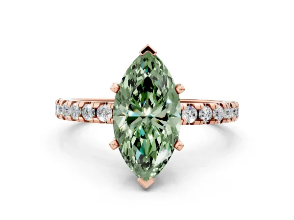 Fancy Green Marquise Cut Diamond Solitaire Ring with Round Pavé Band and Four-Prong Setting Rose gold