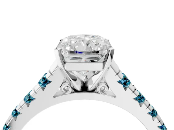 Radiant Cut Diamond Cathedral Solitaire Ring with Round Blue Topaz Pavé Band Silver