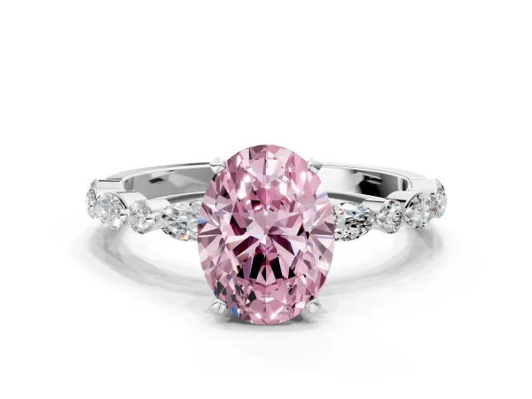 Fancy Pink Oval Cut Diamond Ring with Marquise and Round Side Stones and Four-Prong Setting White gold