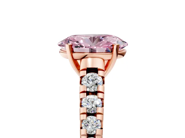 Fancy Pink Oval Cut Diamond Cathedral Solitaire Ring with Round Pavé Band Rose gold