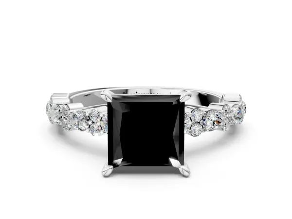 Fancy Black Princess Cut Diamond Side Stone Solitaire Ring with Round and Four-Prong Setting Platinum