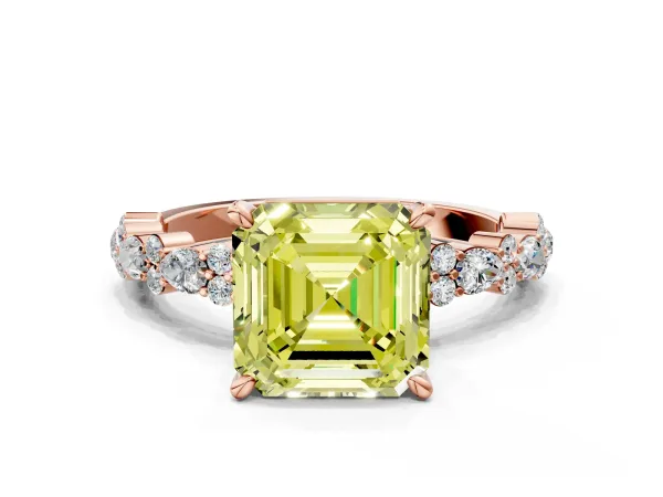 Fancy Yellow Asscher Cut Diamond Side Stone Solitaire Ring with Round and Four-Prong Setting Rose gold