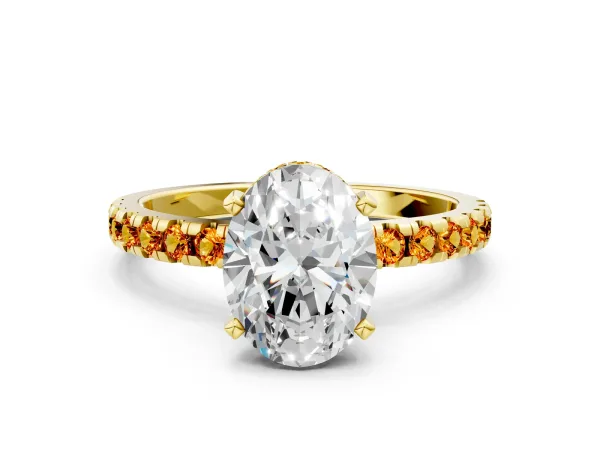 Oval Cut Diamond Solitaire Ring with Round Citrine Pavé Band and Four-Prong Setting Yellow gold