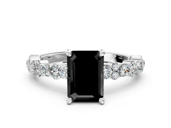 Fancy Black Emerald Cut Diamond Side Stone Solitaire Ring with Round and Four-Prong Setting White gold