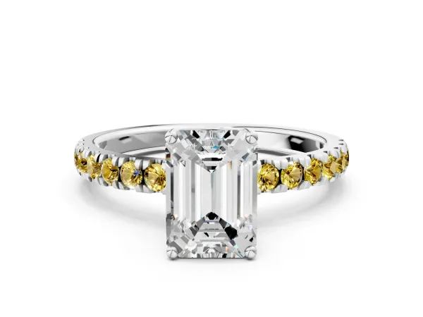 Emerald Cut Diamond Pave Band Solitaire Ring with Round Yellow Sapphire and Prong Setting Platinum