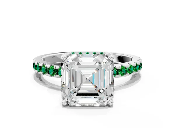 Asscher Cut Diamond Solitaire Ring with Round Emerald Pavé Band and Four-Prong Setting Platinum