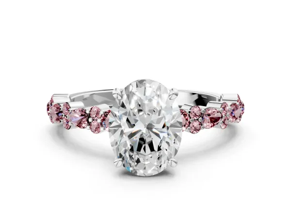 Oval Cut Diamond Side Stone Solitaire Ring with Round Morganite and Four-Prong Setting Platinum