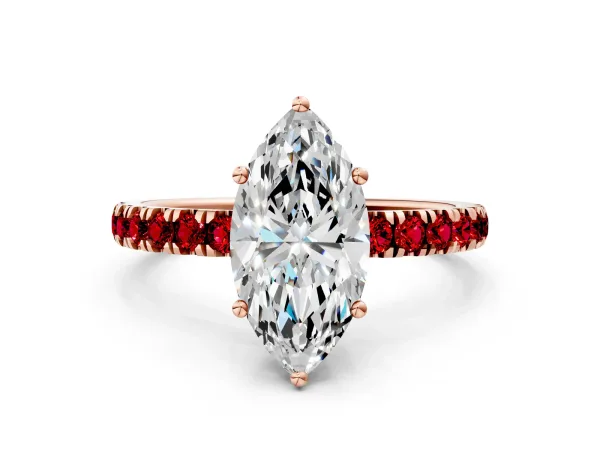Marquise Cut Diamond Pave Band Solitaire Ring with Round Ruby and Prong Setting Rose gold