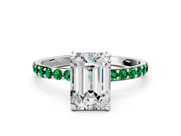 Emerald Cut Diamond Solitaire Ring with Round Emerald Pavé Band and Prong Setting Platinum