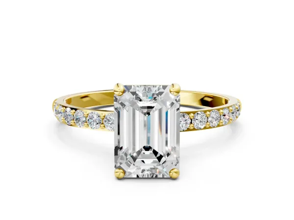 Emerald Cut Diamond Solitaire Ring with Round Moissanite Pavé Band and Prong Setting Yellow gold