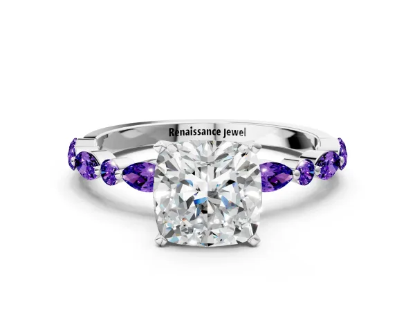 Cushion Cut Diamond Ring with Marquise and Round Tanzanite Side Stones and Four-Prong Setting Platinum