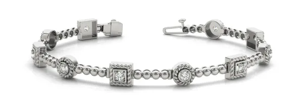 Round and Square Bezel Set Diamond Tennis Bracelet with Beaded Band White gold