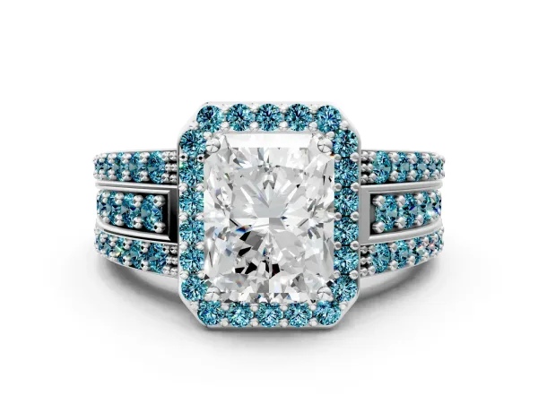 Radiant Cut Halo Diamond Ring with Round Blue Topaz Split Shank and Prong Setting Platinum