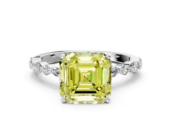 Fancy Yellow Asscher Cut Diamond Ring with Marquise and Round Side Stones and Four-Prong Setting White gold