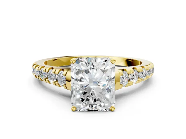 Radiant Cut Diamond Cathedral Solitaire Ring with Round Moissanite Pavé Band Yellow gold