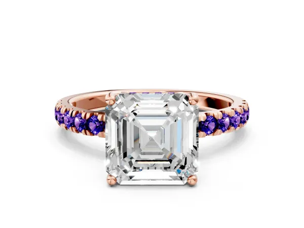 Asscher Cut Diamond Pave Band Solitaire Ring with Round Tanzanite and Prong Setting Rose gold