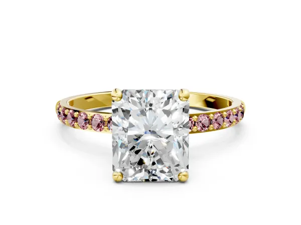 Radiant Cut Diamond Solitaire Ring with Round Morganite Pavé Band and Prong Setting Yellow gold