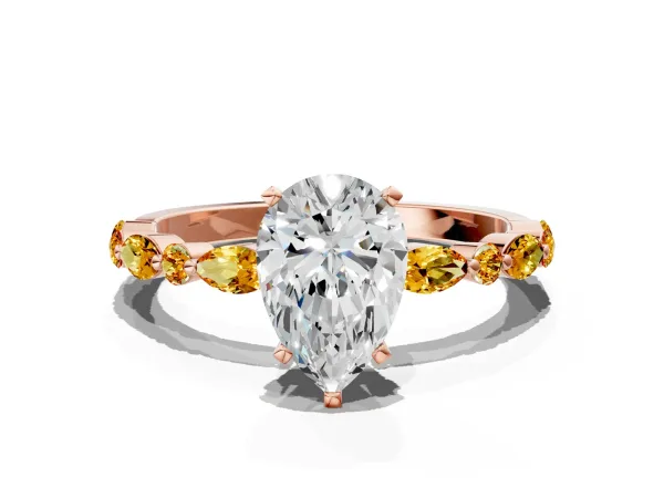 Pear Cut Diamond Ring with Marquise and Round Citrine Side Stones and Four-Prong Setting Rose gold