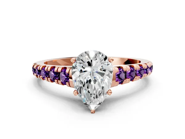 Pear Cut Diamond Cathedral Solitaire Ring with Round Amethyst Pavé Band Rose gold
