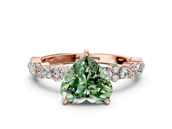 Fancy Green Heart Cut Diamond Side Stone Solitaire Ring with Round and Four-Prong Setting Rose gold