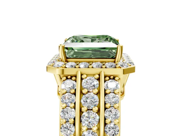 Fancy Green Princess Cut Halo Diamond Ring with Round Split Shank and Prong Setting Yellow gold