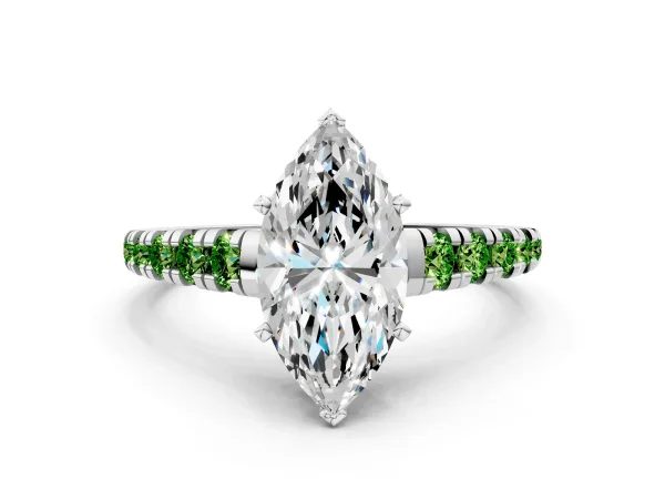 Marquise Cut Diamond Cathedral Solitaire Ring with Round Peridot Pavé Band White gold