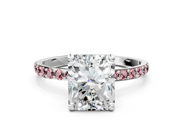 Radiant Cut Diamond Solitaire Ring with Round Morganite Pavé Band and Prong Setting Silver