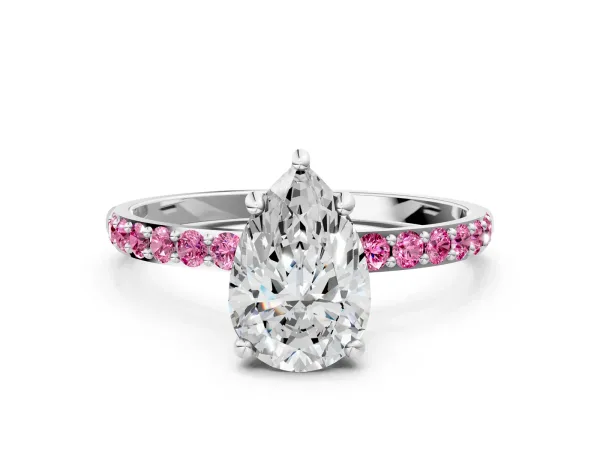 Pear Cut Diamond Solitaire Ring with Round Pink Sapphire Pavé Band and Prong Setting Platinum