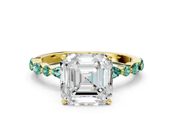 Asscher Cut Diamond Ring with Marquise and Round Green Sapphire Side Stones and Four-Prong Setting Yellow gold