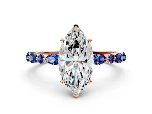 Marquise Cut Diamond Ring with Marquise and Round Blue Sapphire Side Stones and Four-Prong Setting Rose gold