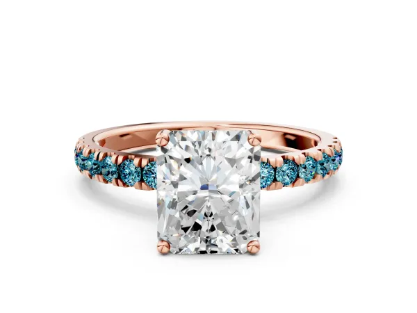 Radiant Cut Diamond Pave Band Solitaire Ring with Round Blue Topaz and Prong Setting Rose gold