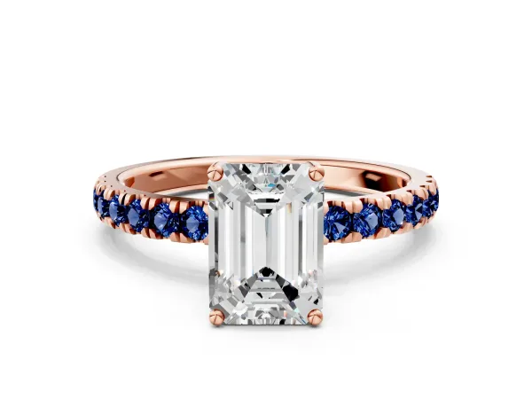 Emerald Cut Diamond Pave Band Solitaire Ring with Round Blue Sapphire and Prong Setting Rose gold