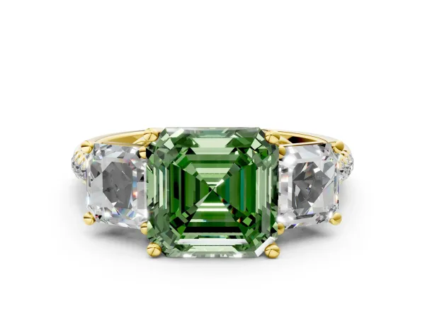 Fancy Green Three-Stone Asscher Cut Diamond Ring with Round Pavé Band and Prong Setting Yellow gold