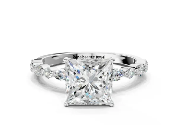 Princess Cut Diamond Ring with Marquise and Round Side Stones and Four-Prong Setting Platinum