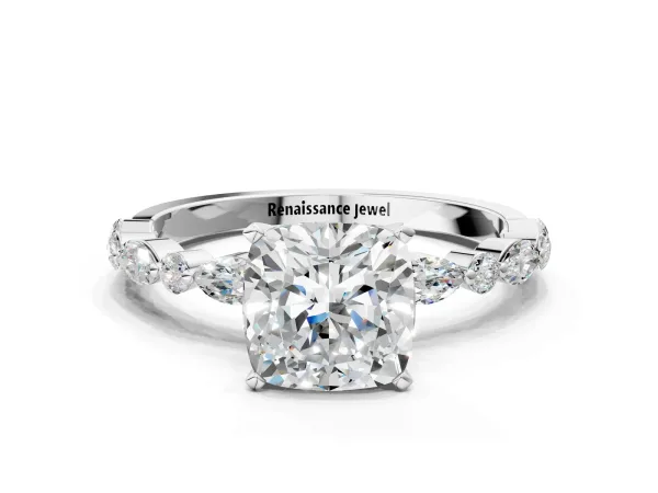 Cushion Cut Diamond Ring with Marquise and Round Side Stones and Four-Prong Setting White gold
