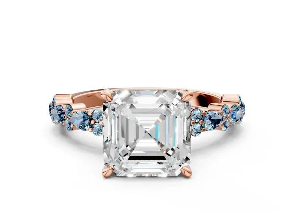 Asscher Cut Diamond Side Stone Solitaire Ring with Round Aquamarine and Four-Prong Setting Rose gold