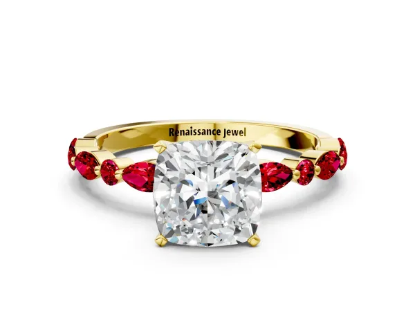 Cushion Cut Diamond Ring with Marquise and Round Ruby Side Stones and Four-Prong Setting Yellow gold