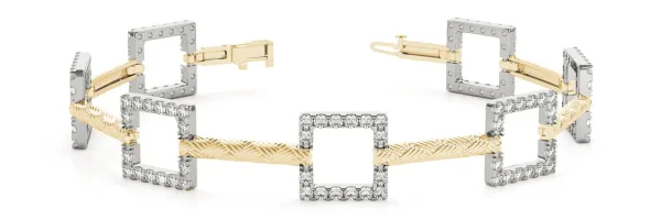 Square Diamond Pavé Link Bracelet with Textured Band and Four-Prong Setting Yellow gold