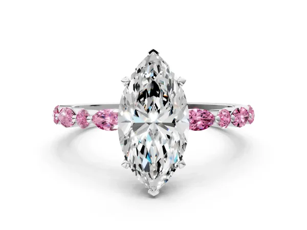 Marquise Cut Diamond Ring with Marquise and Round Pink Sapphire Side Stones and Four-Prong Setting White gold
