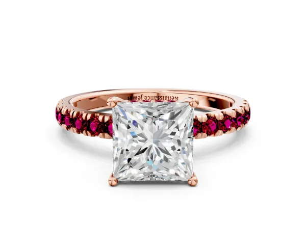 Princess Cut Diamond Pave Band Solitaire Ring with Round Garnet and Prong Setting Rose gold